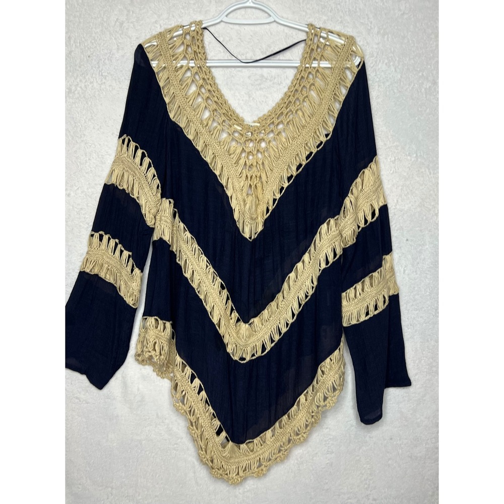 Umgee USA Navy Blue Tan Crochet Chevron Handkerchief Hem Boho Tunic Top Medium